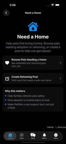 PetPals Finder Need a Home screen for pets looking for loving homes.