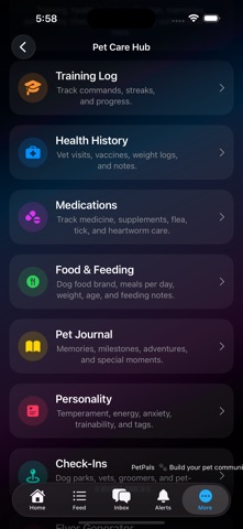 Pet Care Hub screen with health history, medication, feeding, journal, and check-in tools.