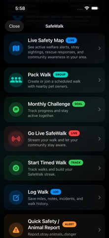 PetPals Finder SafeWalk screen with walk tools and safety reporting.